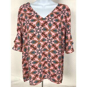 Loft Top Women Size M Pink Orange Blue Black Mosaic V neck Short Bell Sleeves